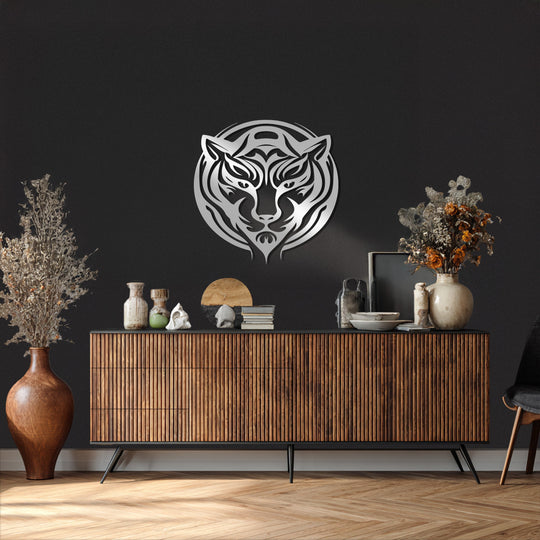 Highlighted by the fierce tribal tiger's silver sheen, this decoration wall art showcases a bold, modern animal design as striking metal art.