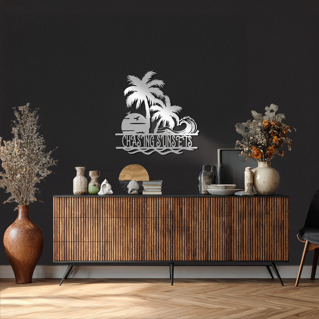 Chasing Sunsets Metal Wall Art – Palm Tree & Ocean Wave Design