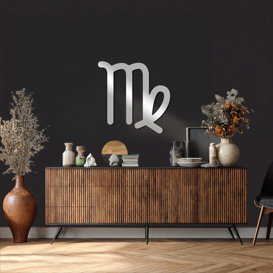 Highlighting the layering effect, the silver Virgo Zodiac Symbol stands out as captivating metal wall decor against the dark wall, adding depth to this astrology-themed room.