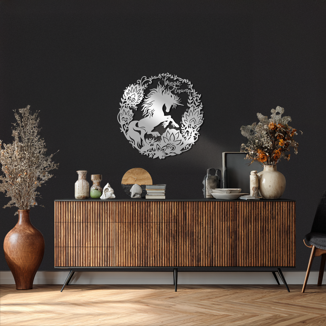 Magic Unicorn Floral Wreath Round Black Metal Wall Art