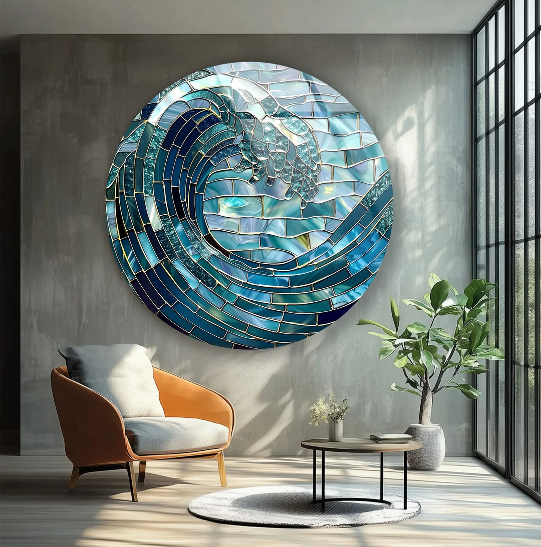Ocean Wave in Blue Mosaic Round Glass Wall Art - MyPhotoStation