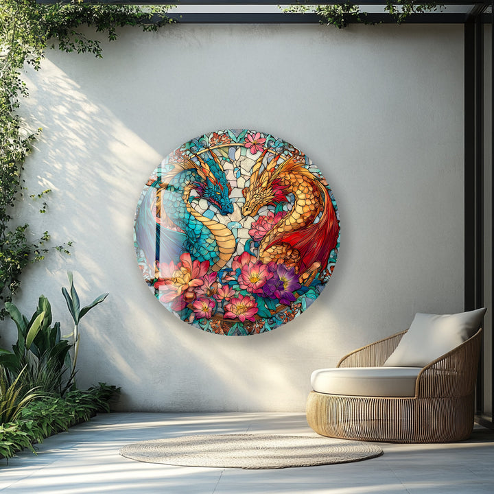 Dual Dragon Stained – Round Glass Wall Art