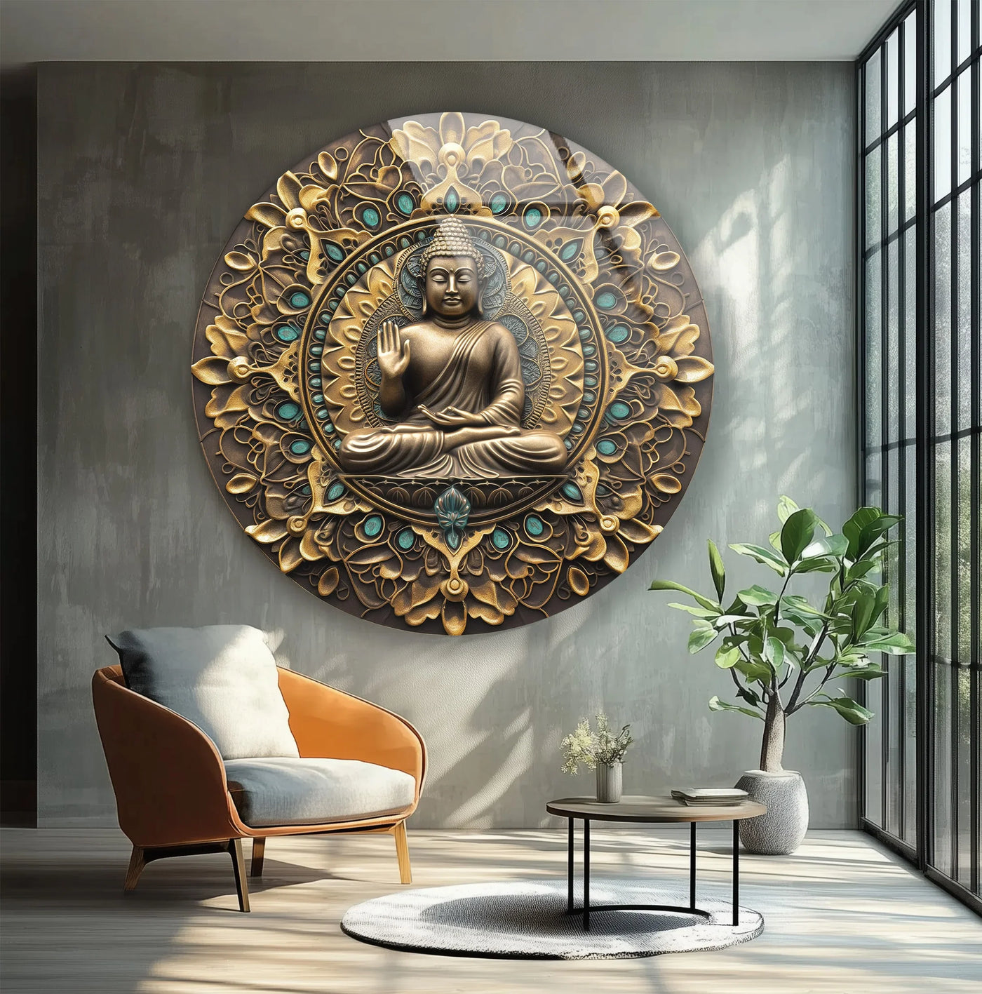 Sharp color contrast highlights the golden mandala Buddha in this round glass wall art, a striking piece of home decoration with ornate details.