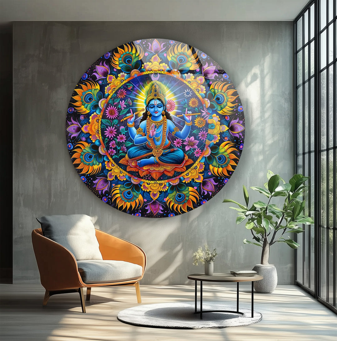 Divine Serenity – Vishnu Mandala Round Glass Wall Art
