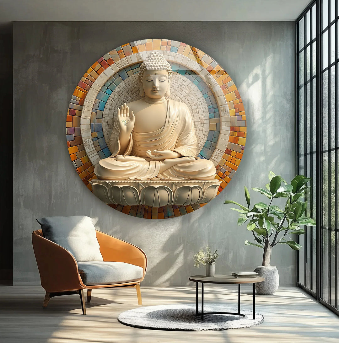 Tranquil Buddha Mosaic Round Glass Wall Art - MyPhotoStation