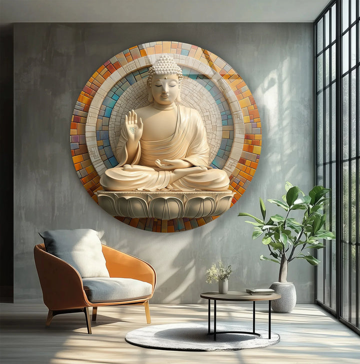 Tranquil Buddha Mosaic Round Glass Wall Art - MyPhotoStation
