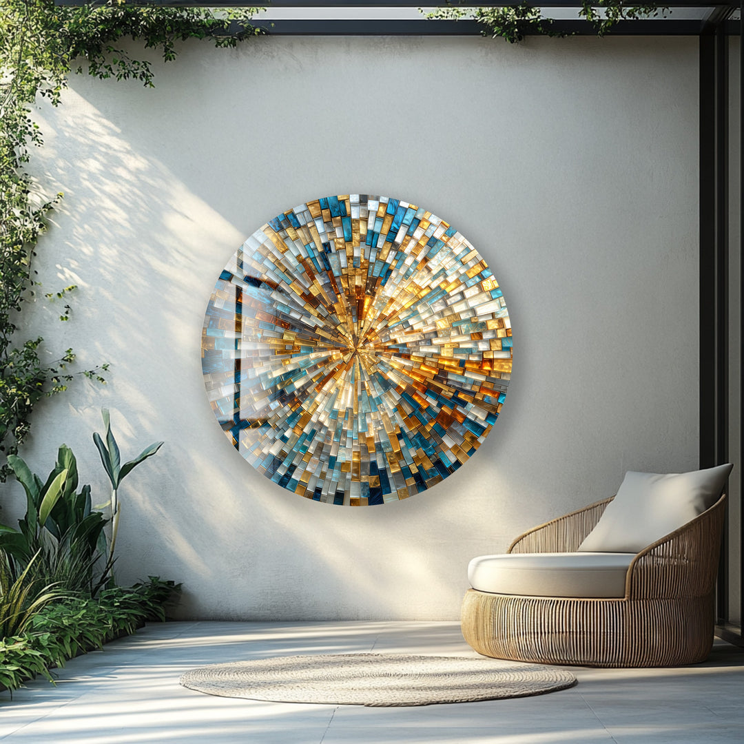 Golden Radiance Spiral  – Round Glass Wall Art