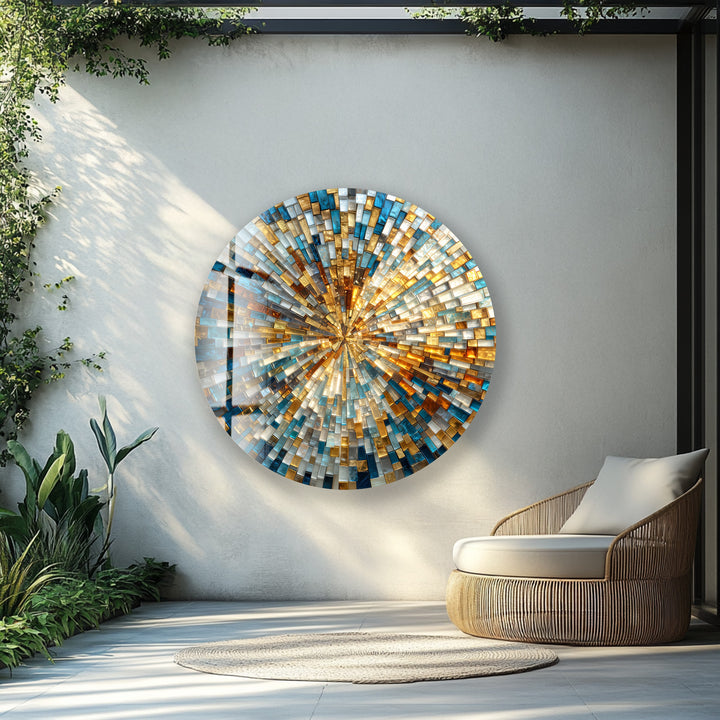 Golden Radiance Spiral  – Round Glass Wall Art