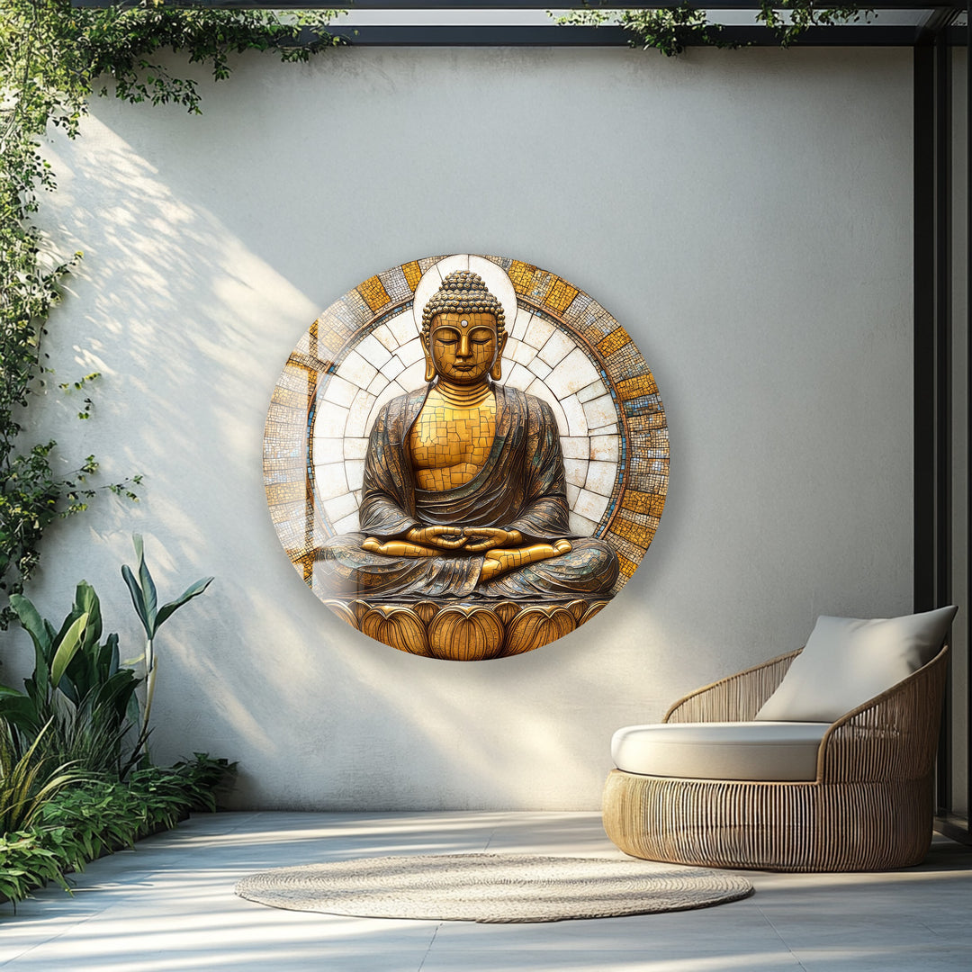 Golden Buddha Mosaic Serenity – Round Glass Wall Art