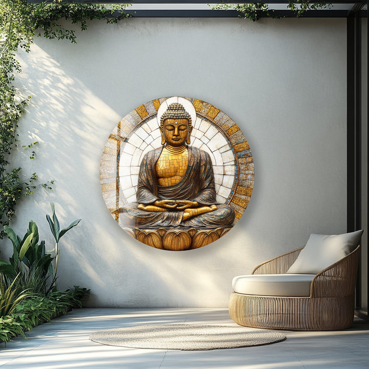 Golden Buddha Mosaic Serenity – Round Glass Wall Art