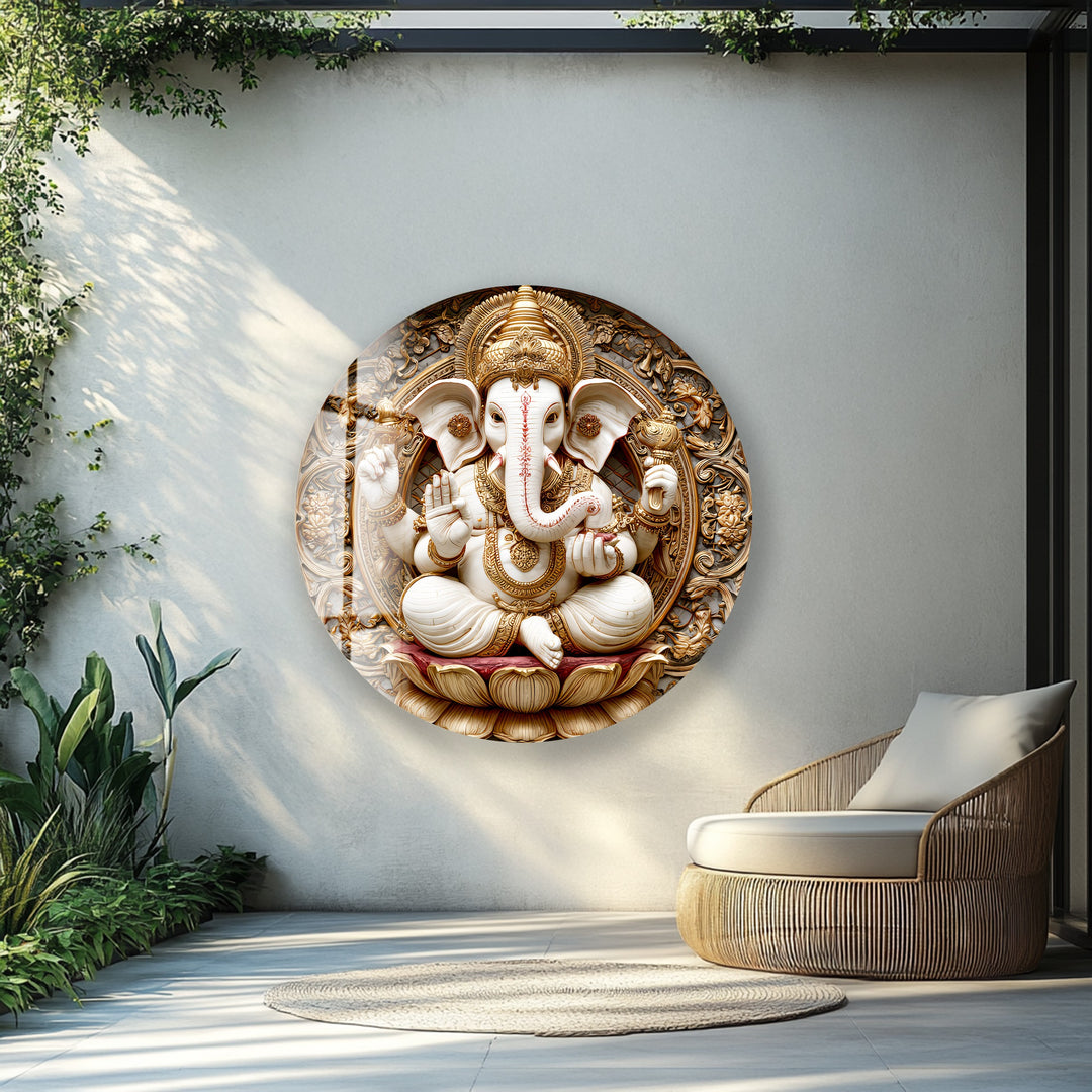 Golden Ganesha Serenity – Round Glass Wall Art