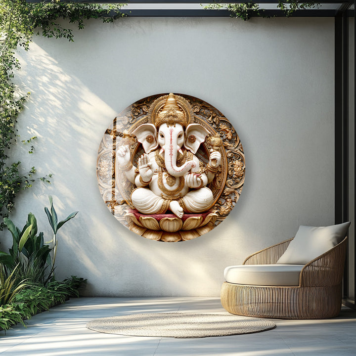 Golden Ganesha Serenity – Round Glass Wall Art