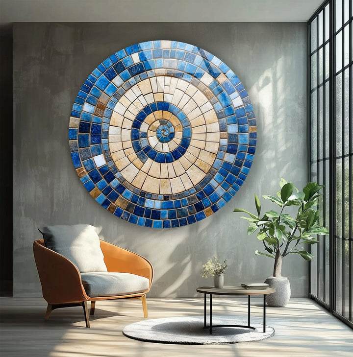 Coastal Sunburst – Beige & Blue Round Glass Wall Art - MyPhotoStation
