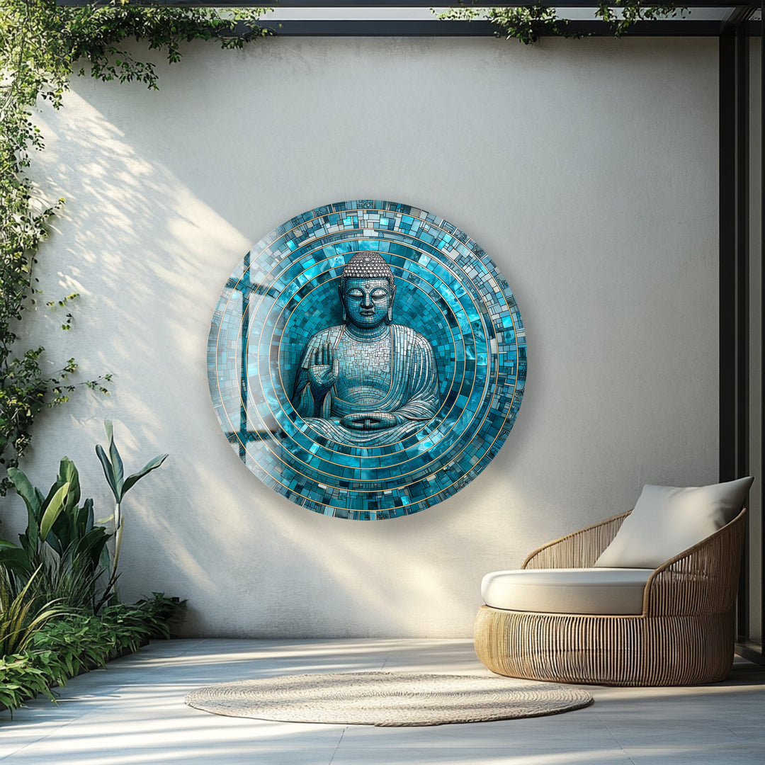 Tranquil Mosaic Buddha – Round Glass Wall Art