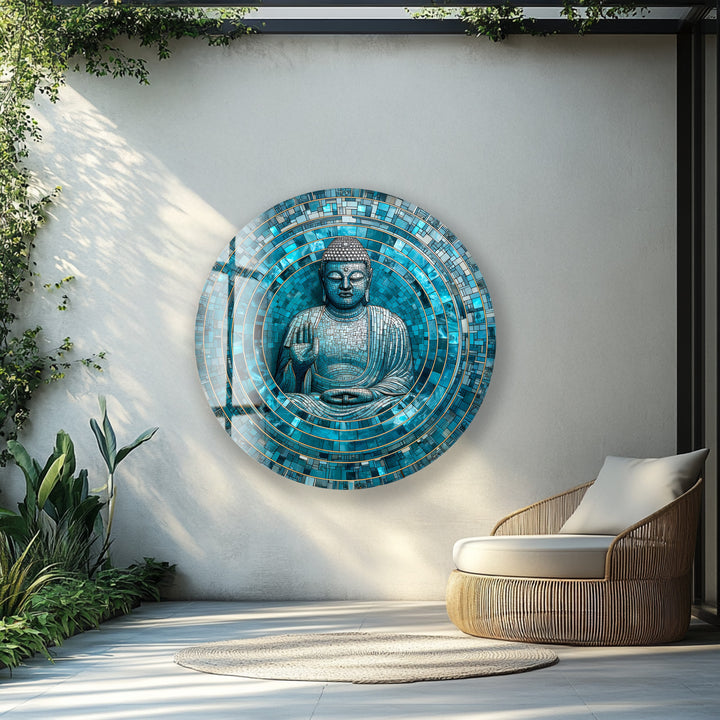 Tranquil Mosaic Buddha – Round Glass Wall Art