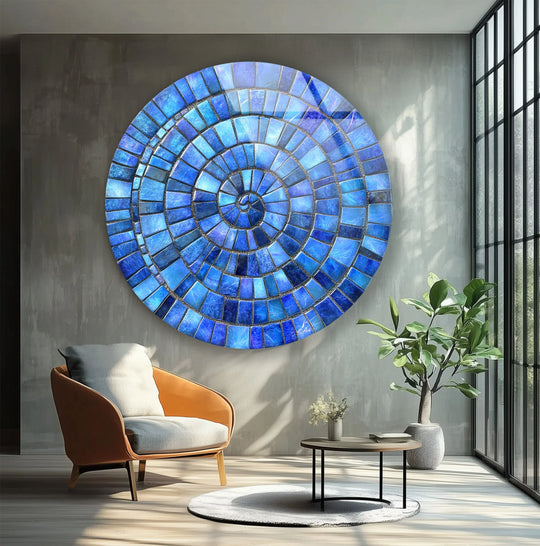 Depicting the deep blues within the spiral mosaic, this section of ocean spiral tempered glass wall art creates a striking contrast within the round design.