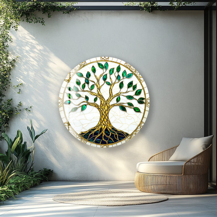 Golden Roots of Harmony – Round Glass Wall Art