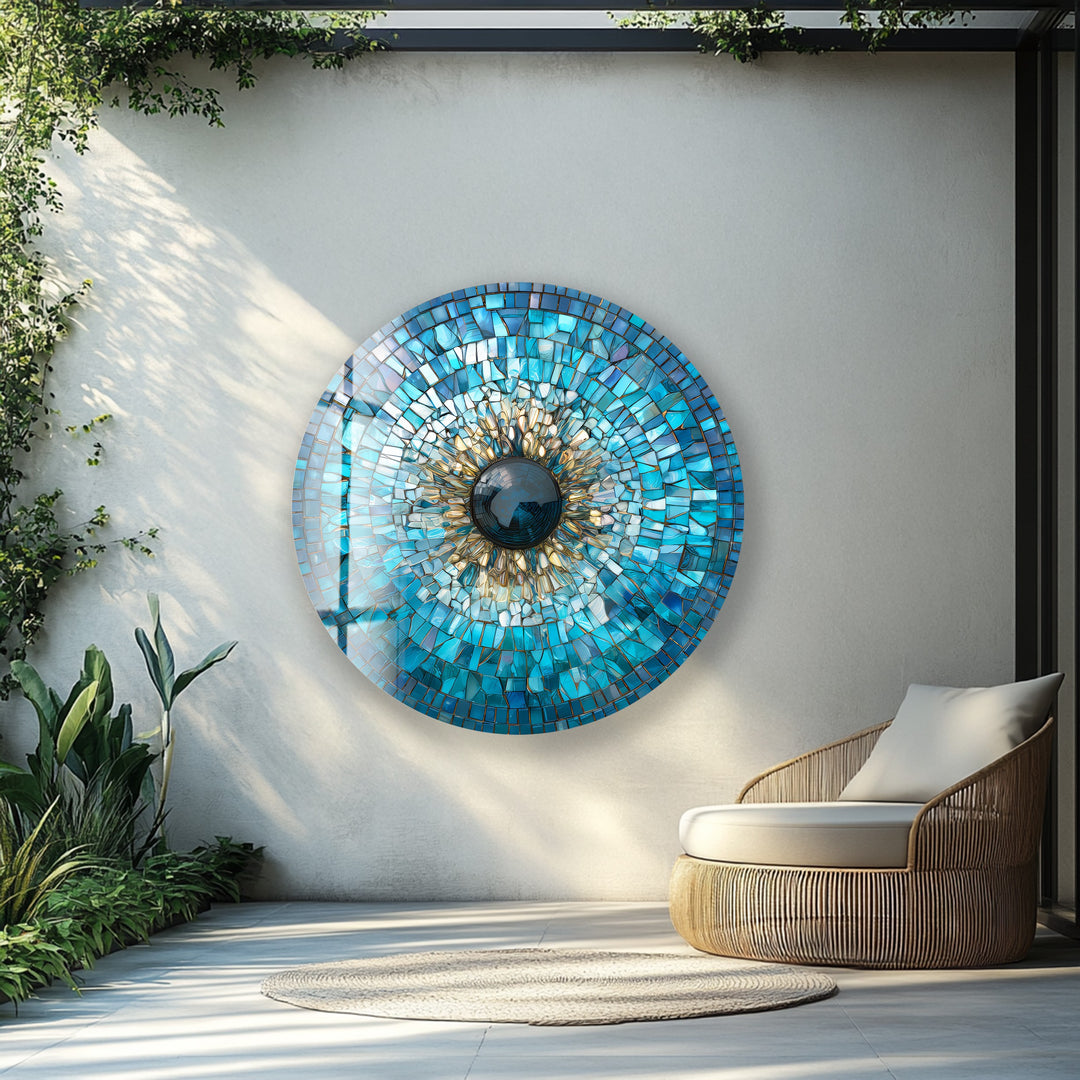 Golden Blue Mosaic Evil Eye – Round Glass Wall Art