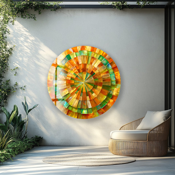 Verdant Sun Spiral – Round Glass Wall Art