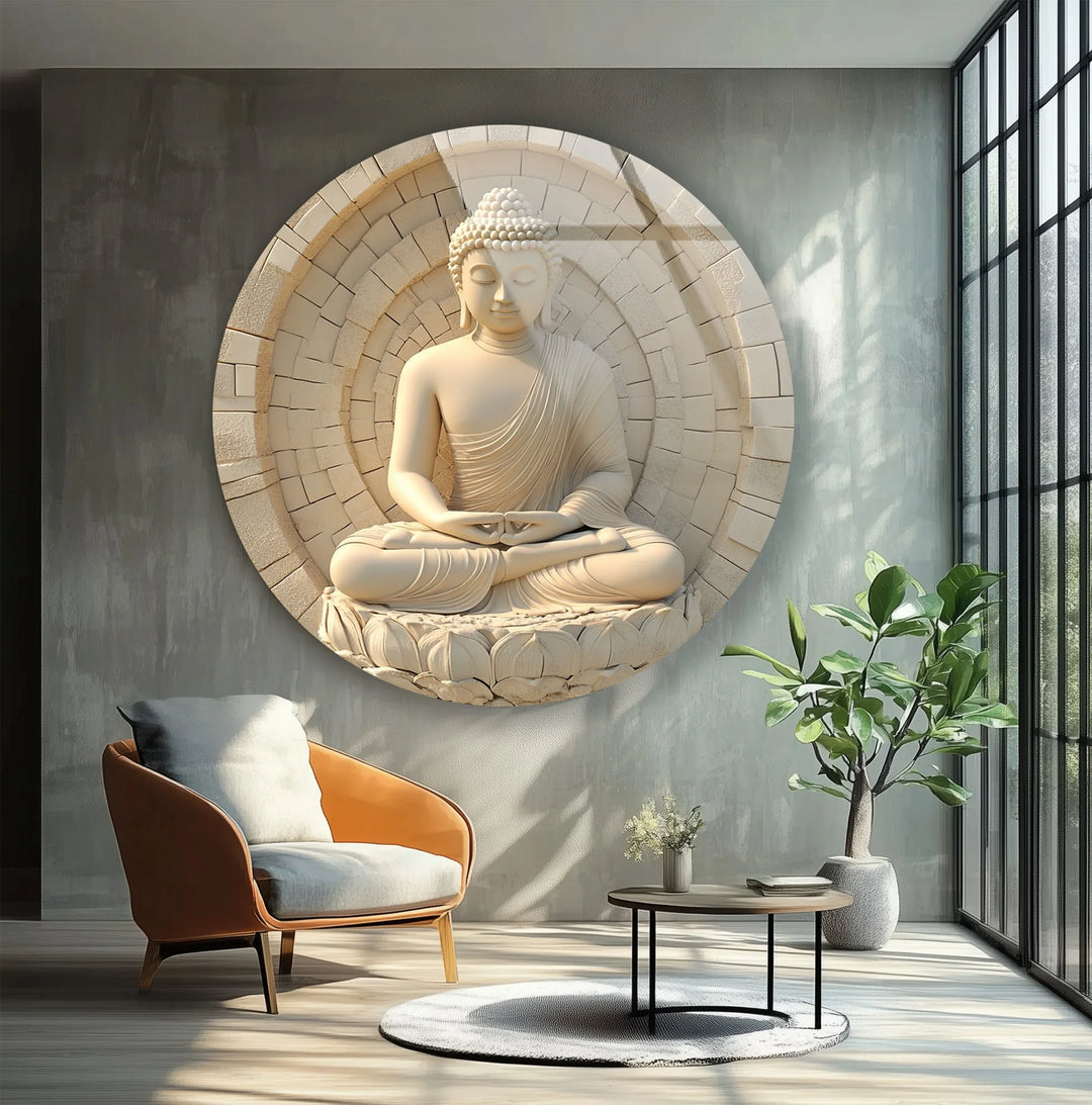 Serene White Buddha in Lotus – Round Glass Wall Art - MyPhotoStation