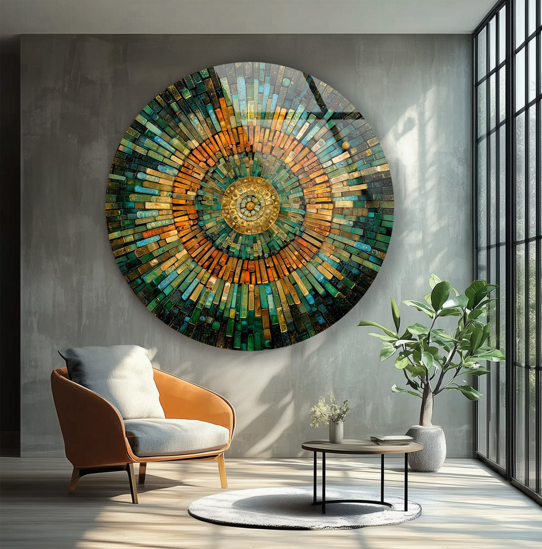Golden Horizon – Emerald & Amber Mosaic Round Glass Wall Art