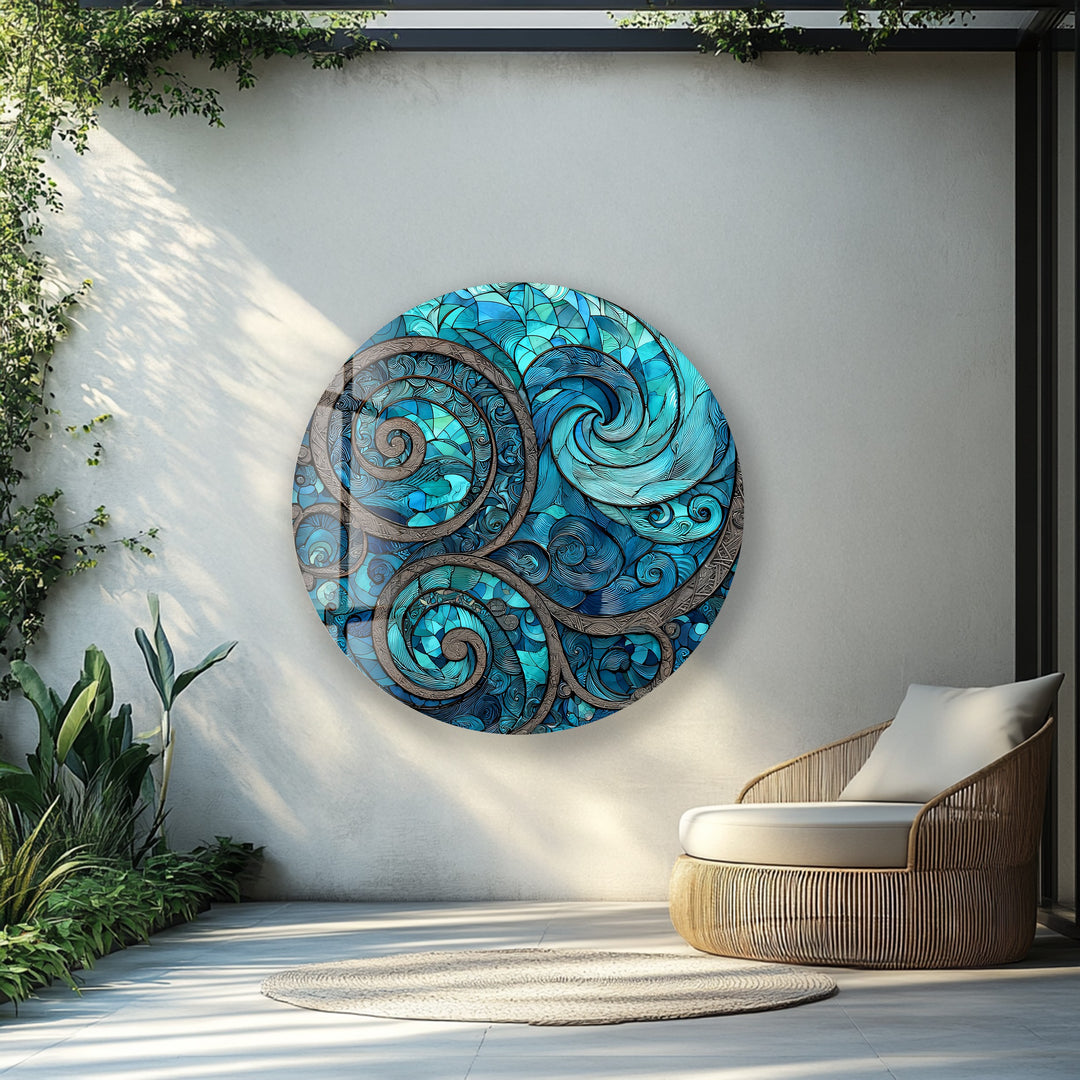 Oceanic Spirals – Round Glass Wall Art