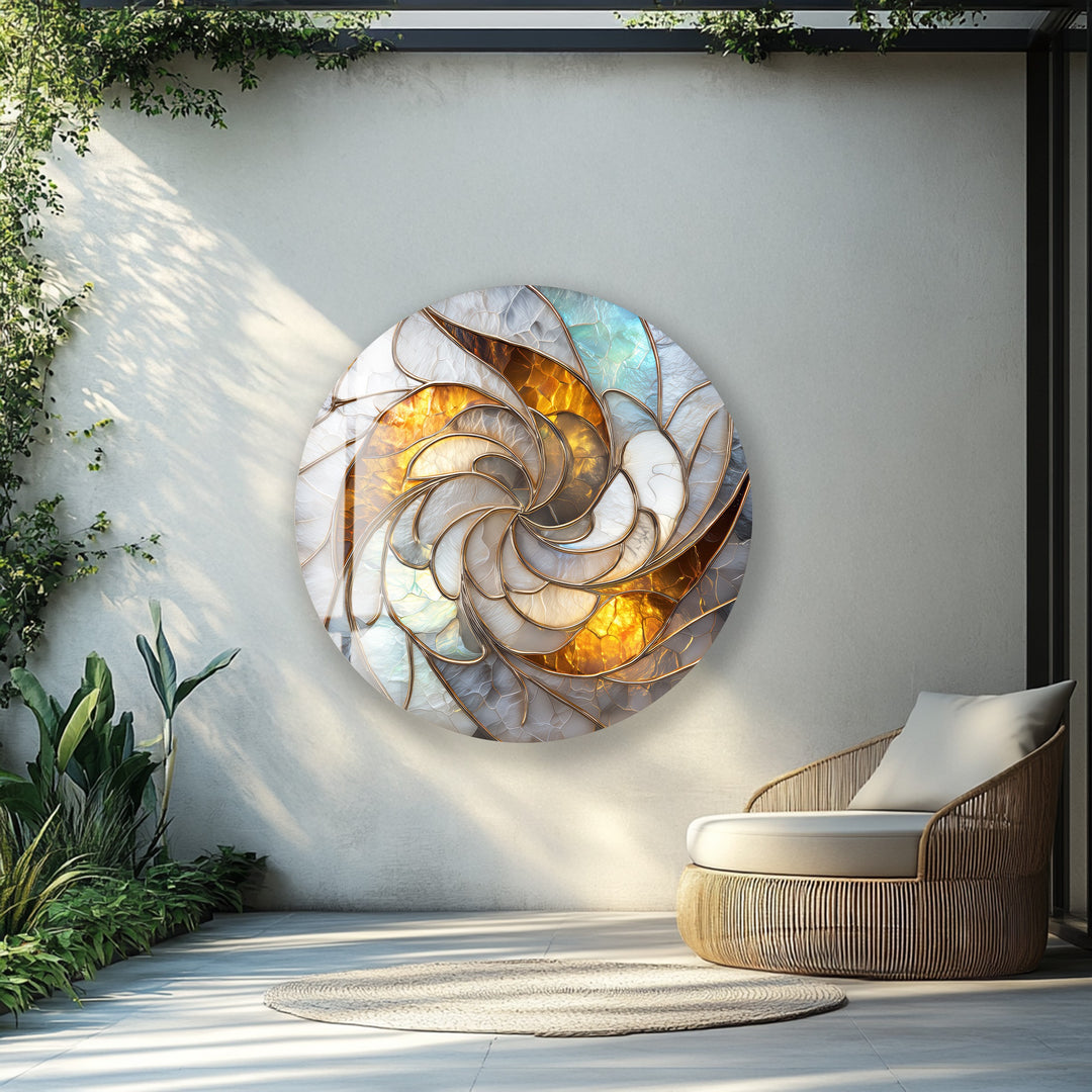 Golden Spiral Radiance – Round Glass Wall Art