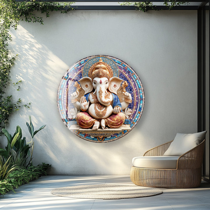 Divine Ganesha Mosaic – Round Glass Wall Art