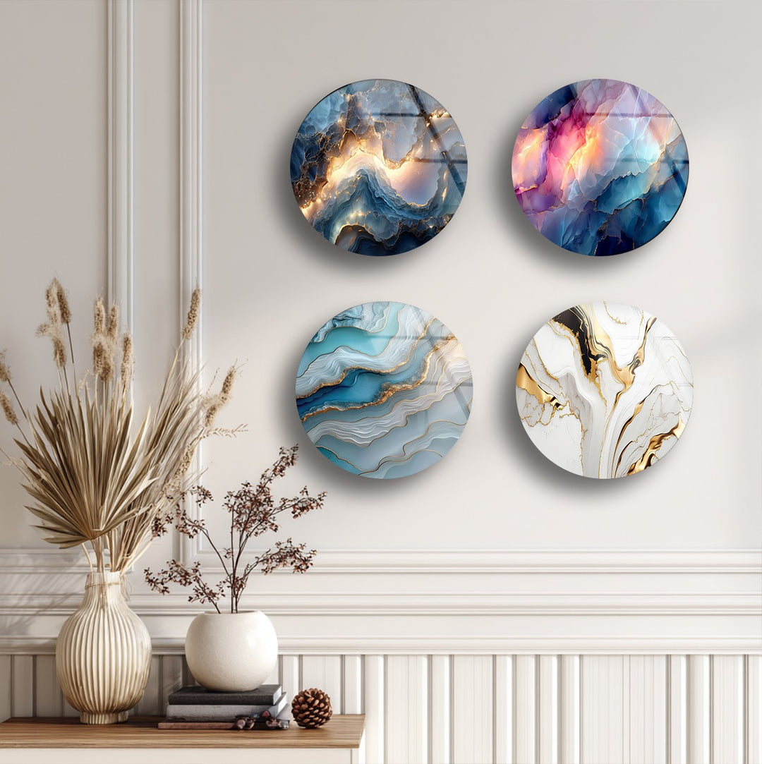 Ethereal Gemstone Round Glass Wall Art Set – Abstract Agate Elegance