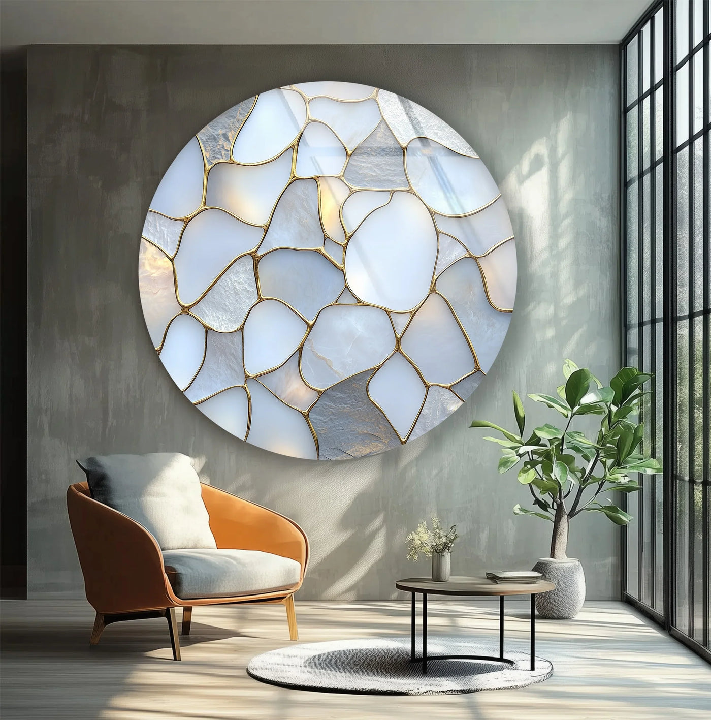 The stillness of the room is accentuated by the white stone mosaic round decorative wall art in glass with gold accents.