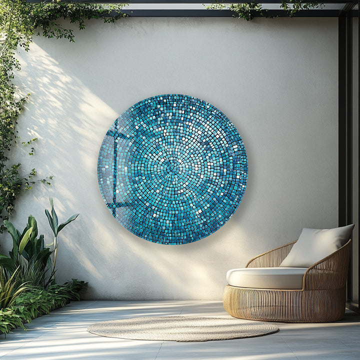 Azure Radiance Mosaic – Round Glass Wall Art
