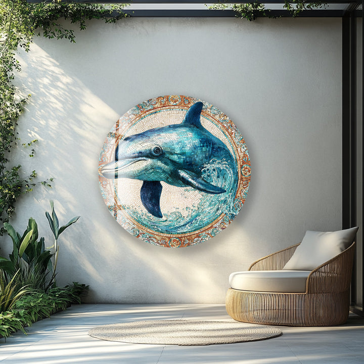 Cerulean Joy Dolphin – Round Glass Wall Art