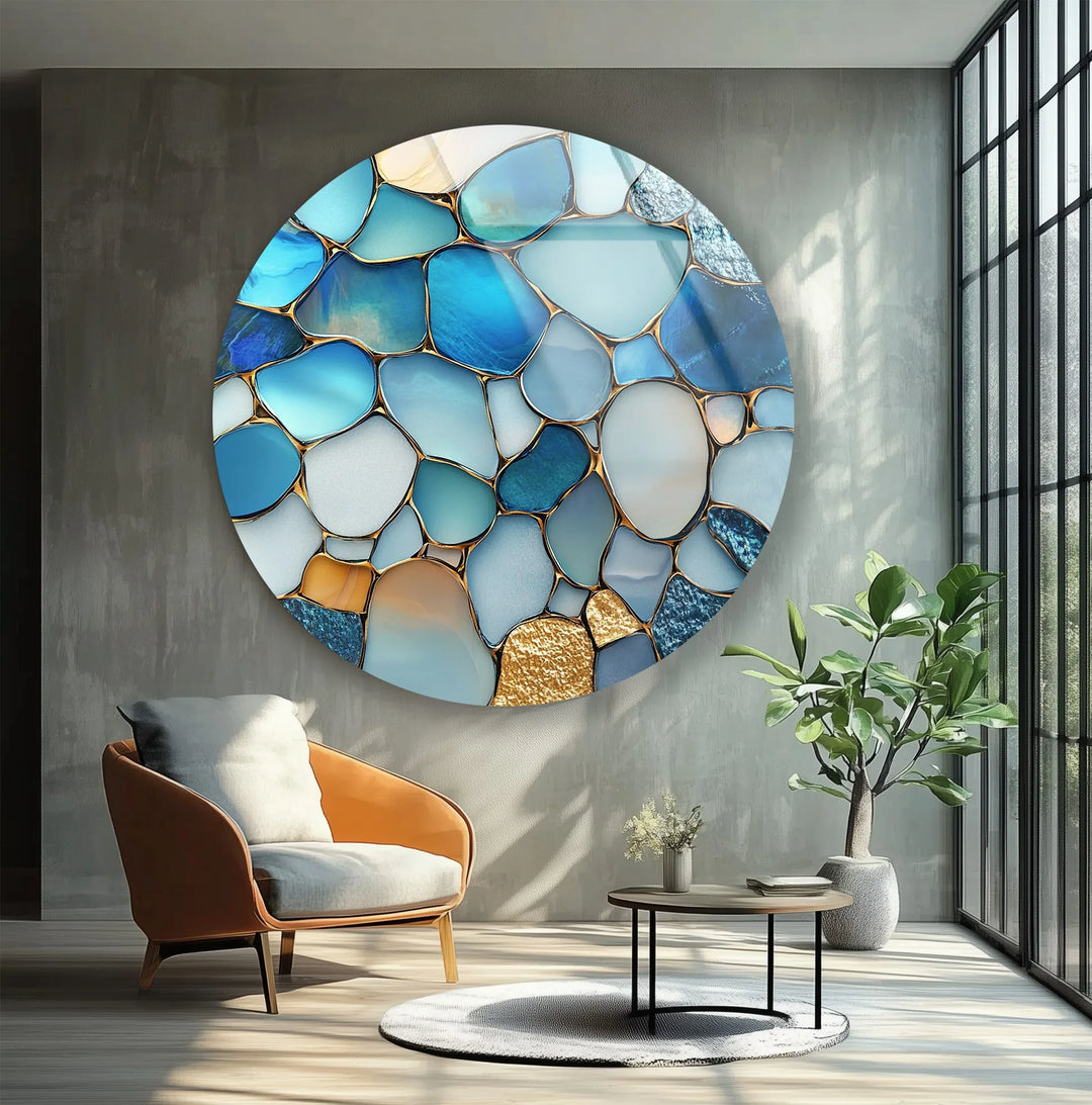 Ocean Blue Stone Mosaic Round Glass Wall Art - MyPhotoStation