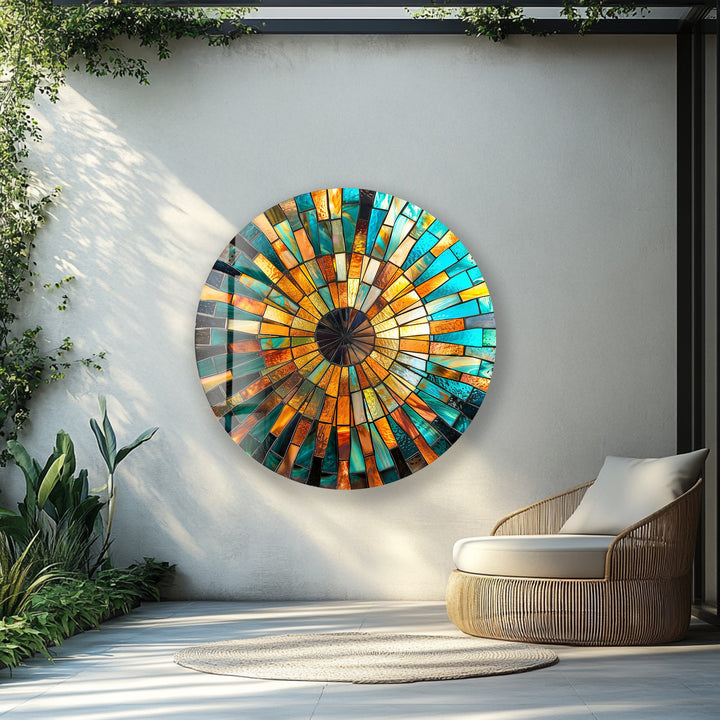 Artistic round glass wall decoration in gold and blue
