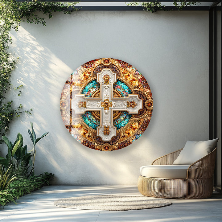 Imperial Cross Mosaic – Round Glass Wall Art