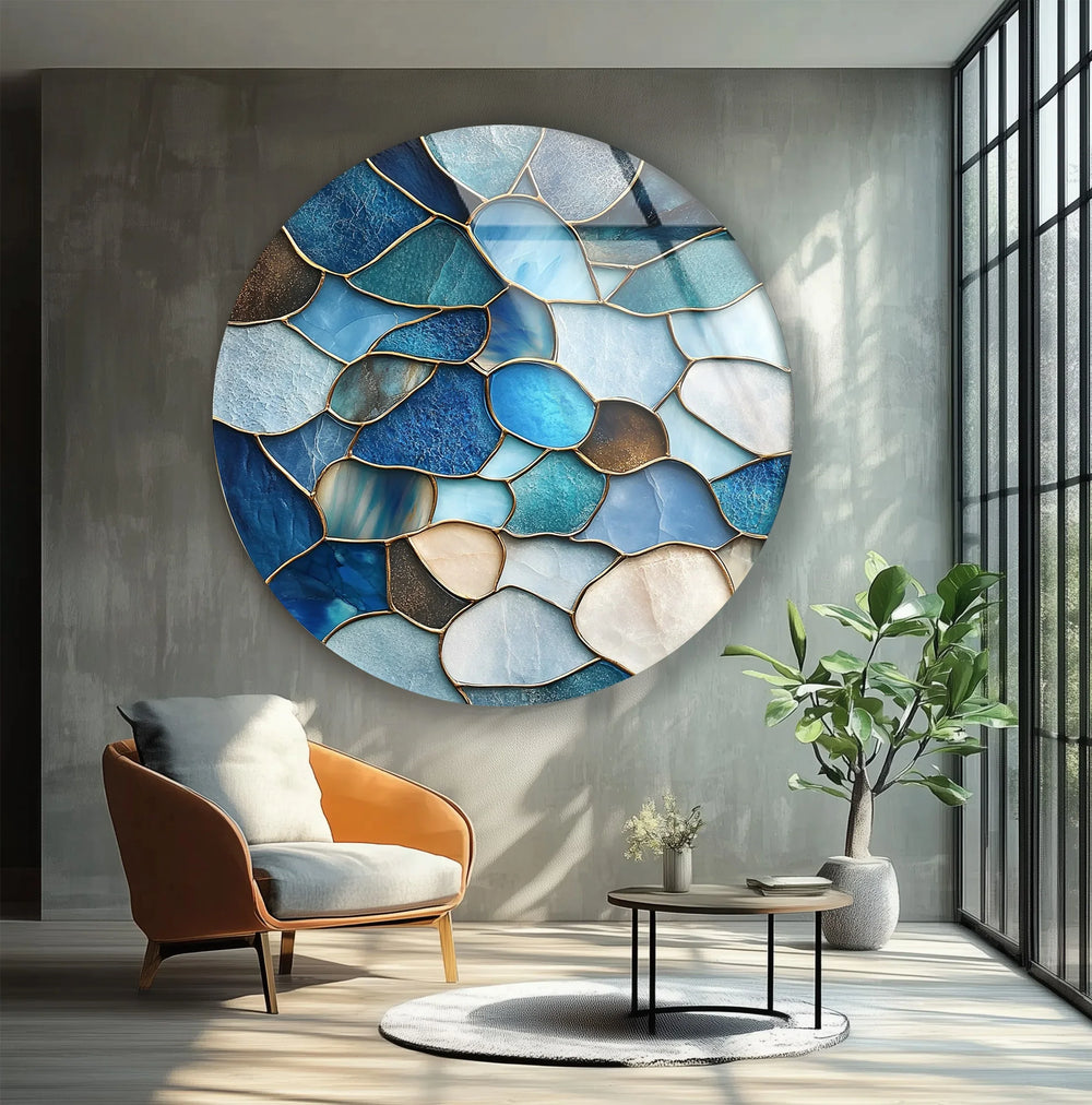 Coastal Blue Stone Mosaic Round Glass Wall Art - MyPhotoStation