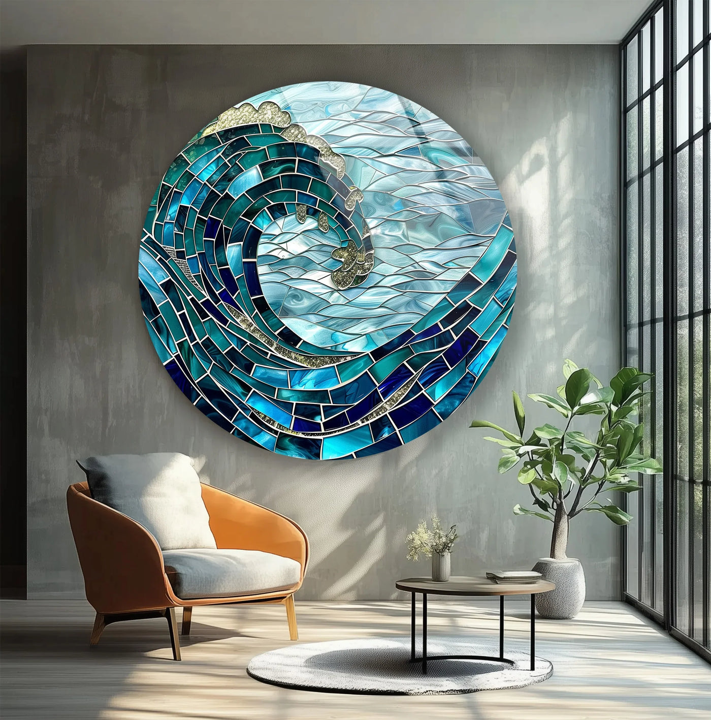 Textured surface of the golden crest wave mosaic round glass wall art showcases the best glass art through its intricate, shimmering tessellations.