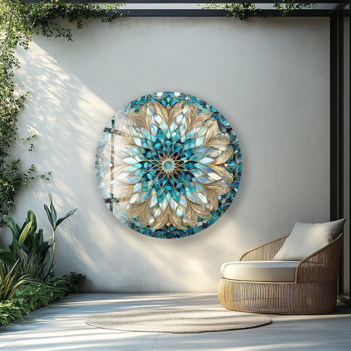 Celestial Bloom Mandala – Round Glass Wall Art