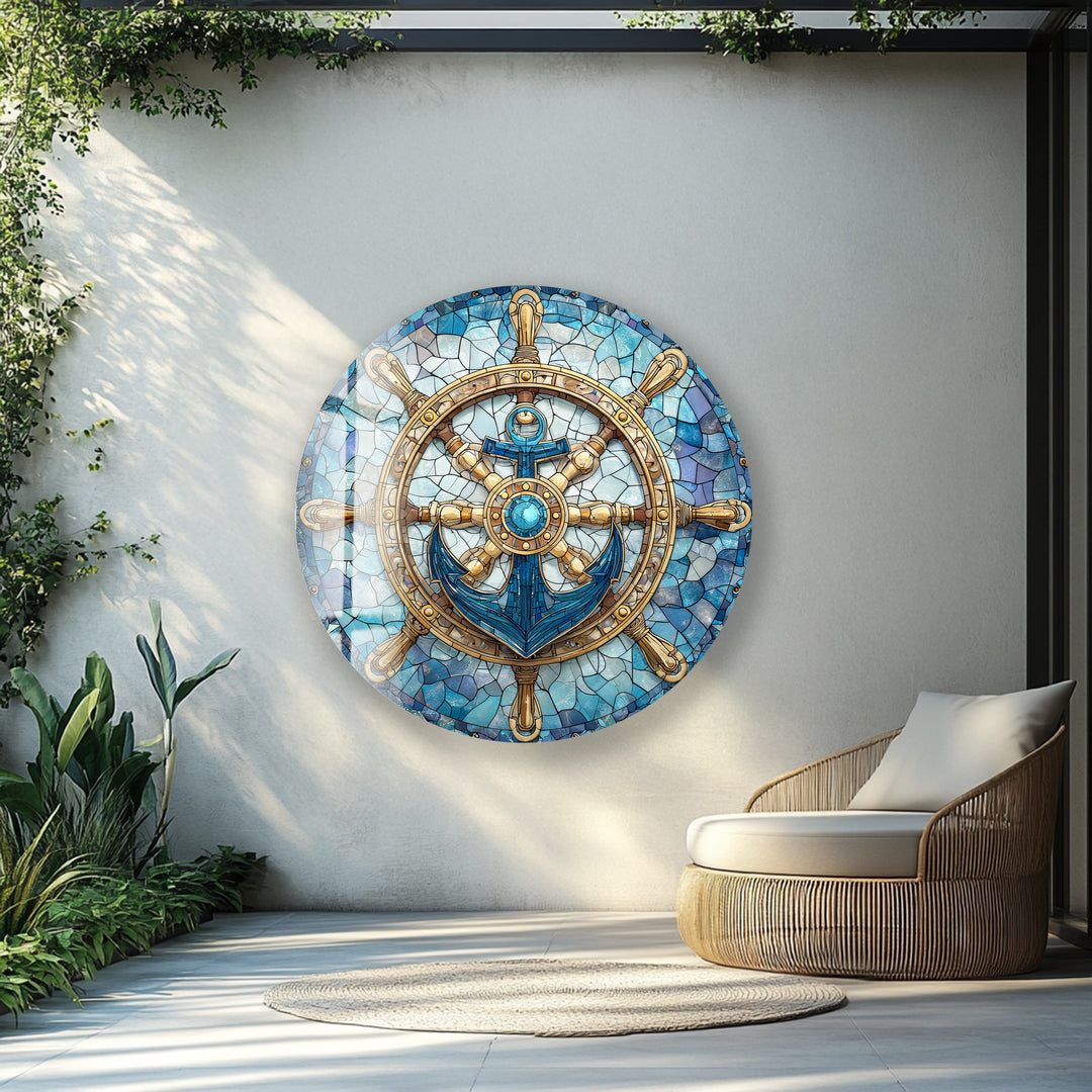 Nautical Helm & Anchor – Round Glass Wall Art