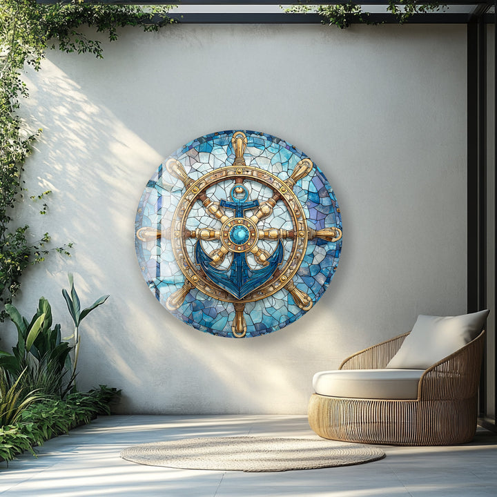 Nautical Helm & Anchor – Round Glass Wall Art