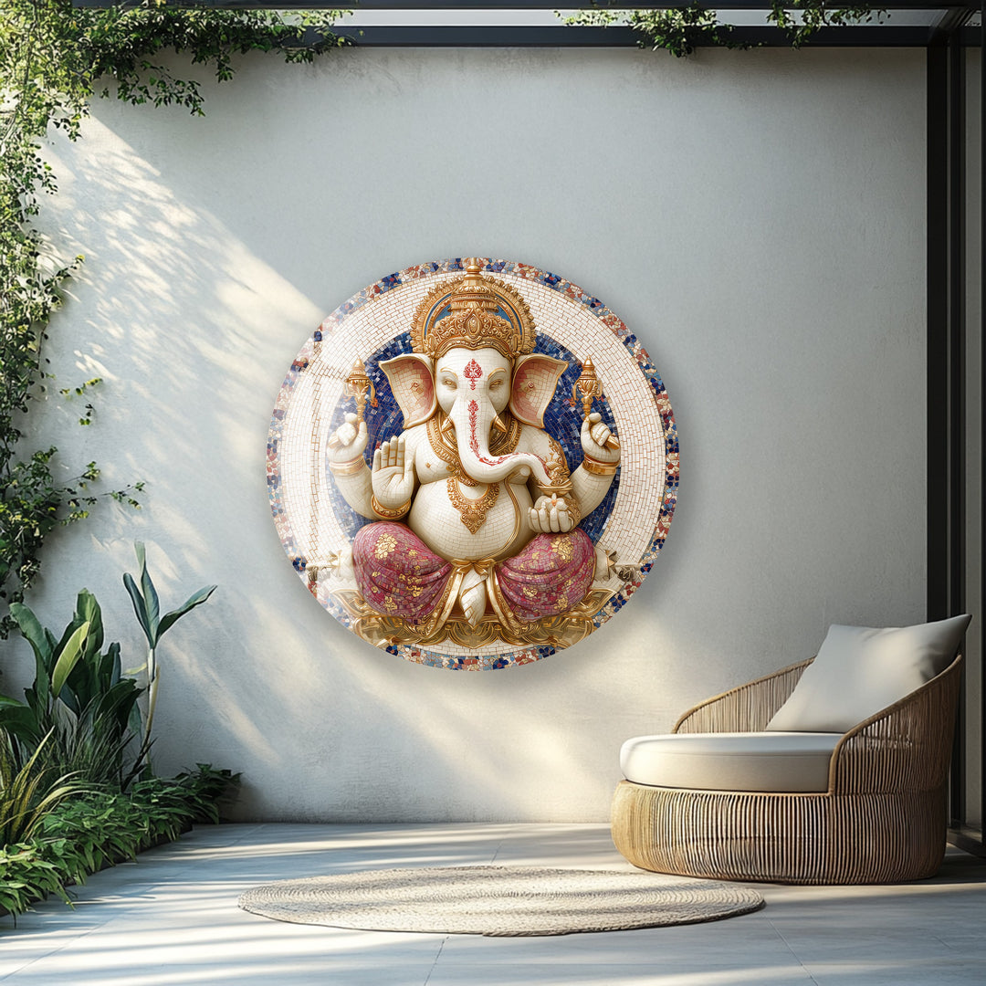 Golden Grace Ganesha – Round Glass Wall Art