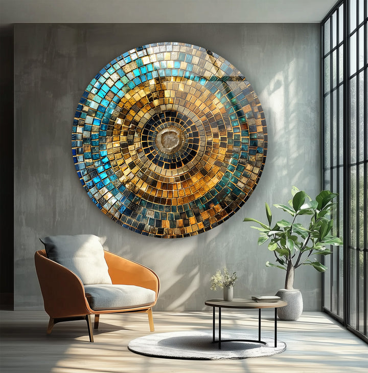 Modern gold and blue glass wall art with concentric pattern
