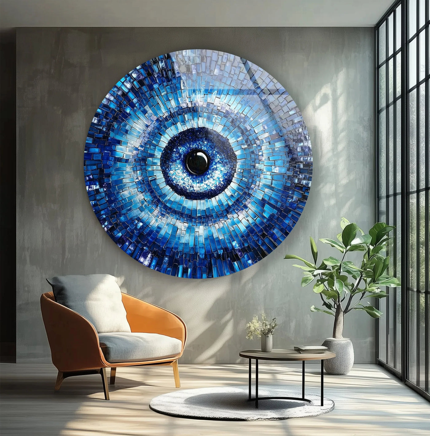 The darkest area in the midnight radiance evil eye shows the mesmerizing detail of this art from glass round wall art piece.