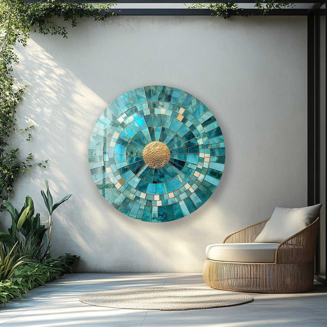 Golden Core – Turquoise Radiance Round Glass Wall Art
