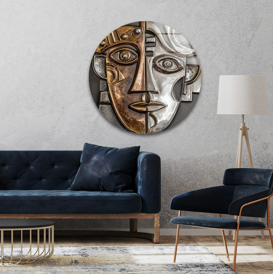 Dual Tone Abstract Face – Metallic Cubist Round Glass Wall Art - MyPhotoStation