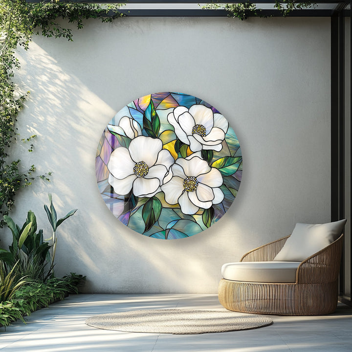 Ivory Bloom Harmony – Round Glass Wall Art