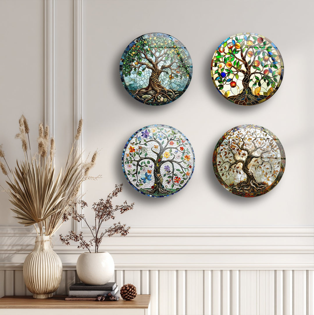 Colorful Mosaic Tree of Life Round Glass Wall Art Set – Boho Nature-Inspired Decor