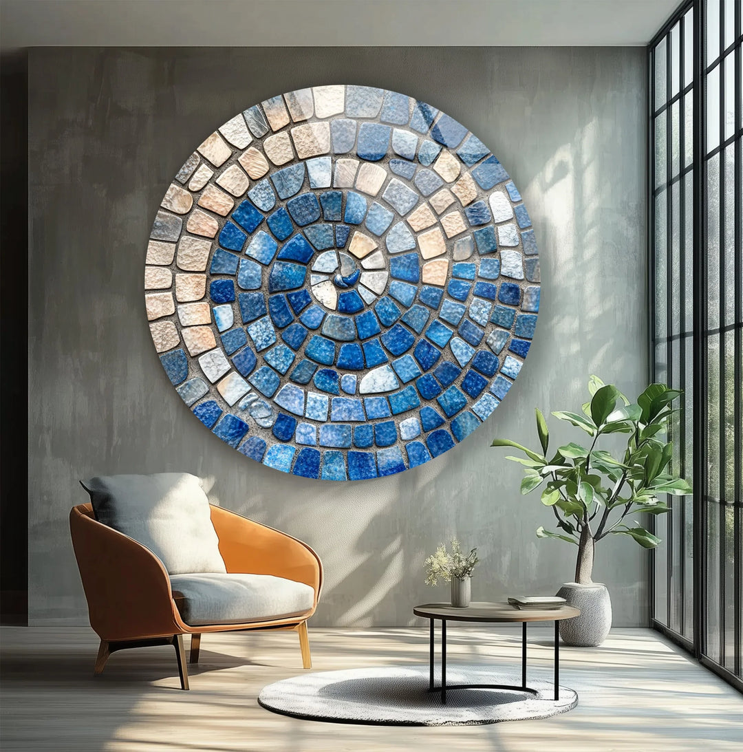 Ocean Spiral Mosaic – Blue and Sand Round Glass Wall Art - MyPhotoStation