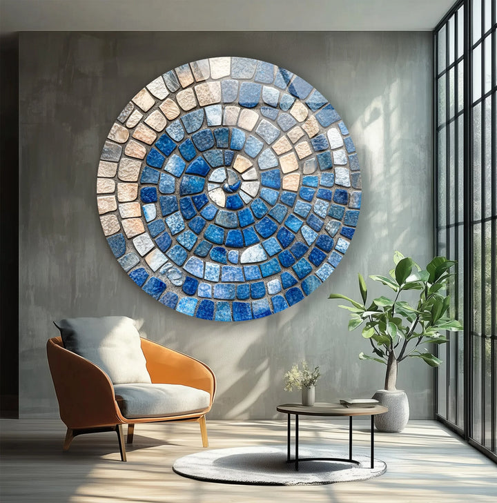 Ocean Spiral Mosaic – Blue and Sand Round Glass Wall Art - MyPhotoStation