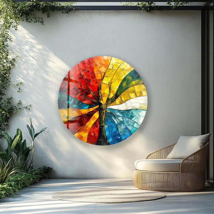 Red, yellow, blue abstract art on tempered glass